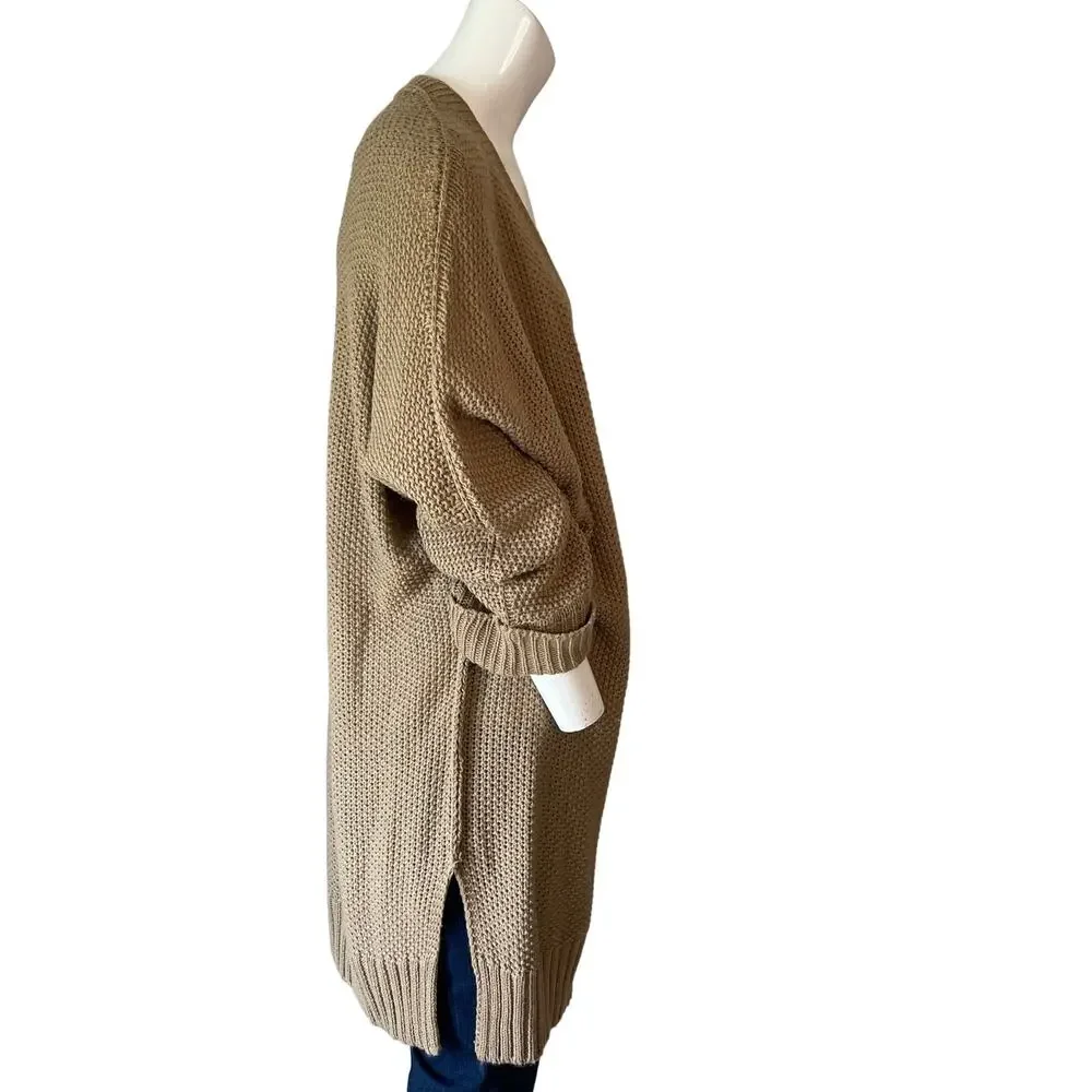 NINEXIS Tan Beige Chunky Knit Open Front Longline Cardigan Sweater Womens M - Picture 3 of 9
